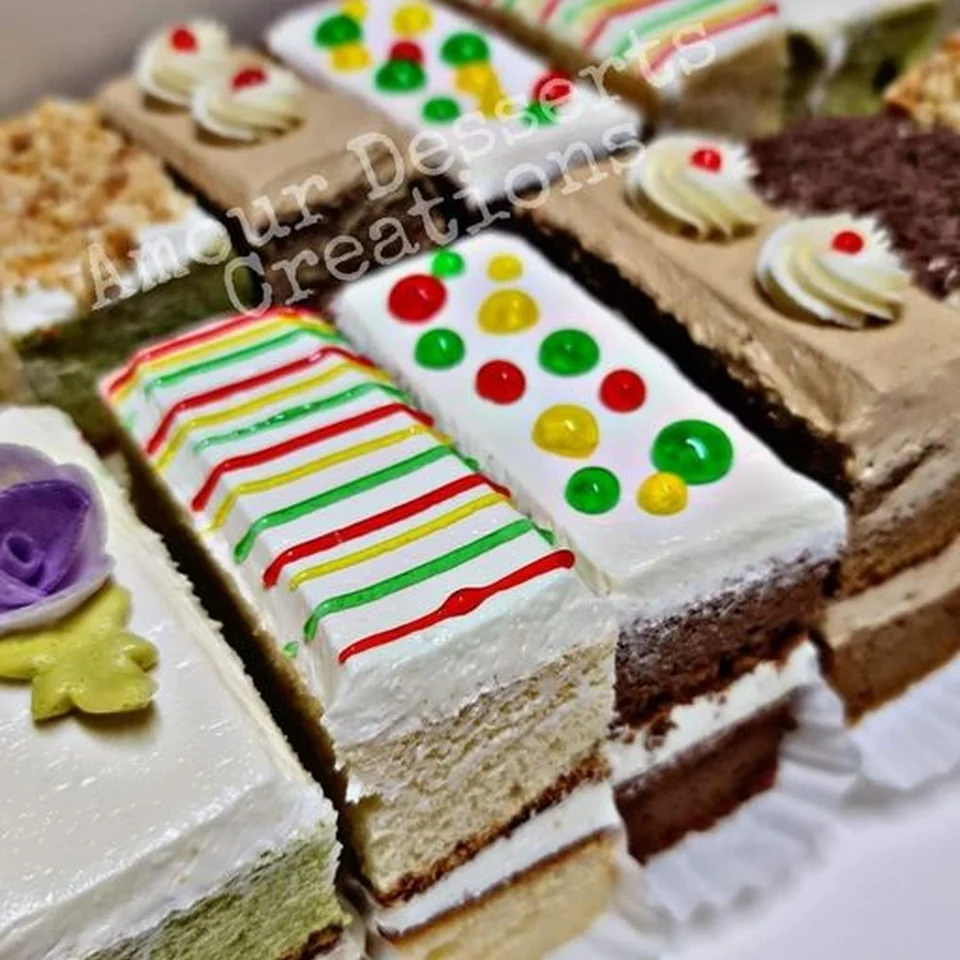 Assorted old-school buttercream cake slices including pandan flavour by Amour Desserts